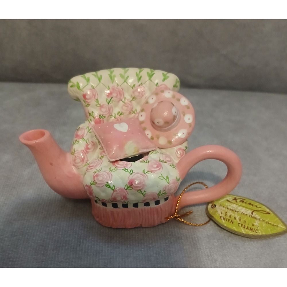 Khien Ceramic Miniature Teapot Pink Floral Armchair Hand Painted Collectible